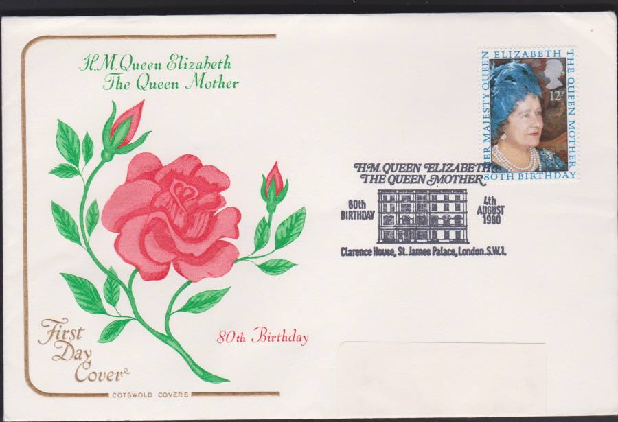 1980 Cotswold FDC Queen Mother 80th Birthday :-Clarence House London SW1 Postmark - Click Image to Close