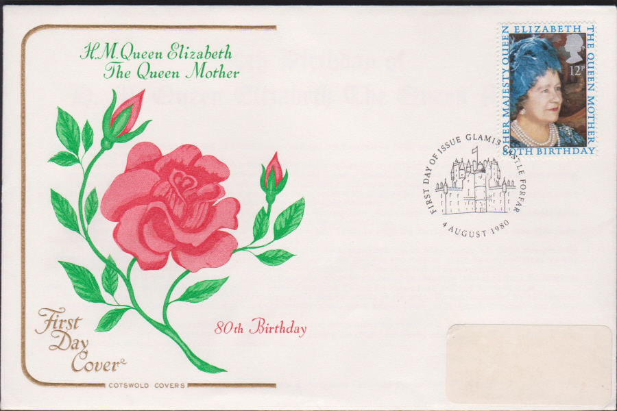 1980 Cotswold FDC Queen Mother 80th Birthday :-First Day of Issue Glamis Castle Forfar Postmark