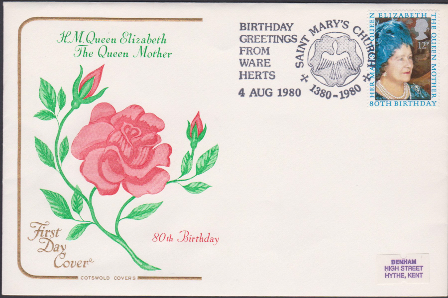1980 Cotswold FDC Queen Mother 80th Birthday :-Saint Mary's Church,Ware Herts Postmark