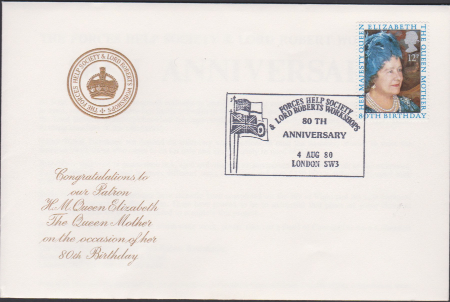 1980 OFFICIAL Cotswold FDC Queen Mother 80th Birthday :- Forces Help Society London SW3
