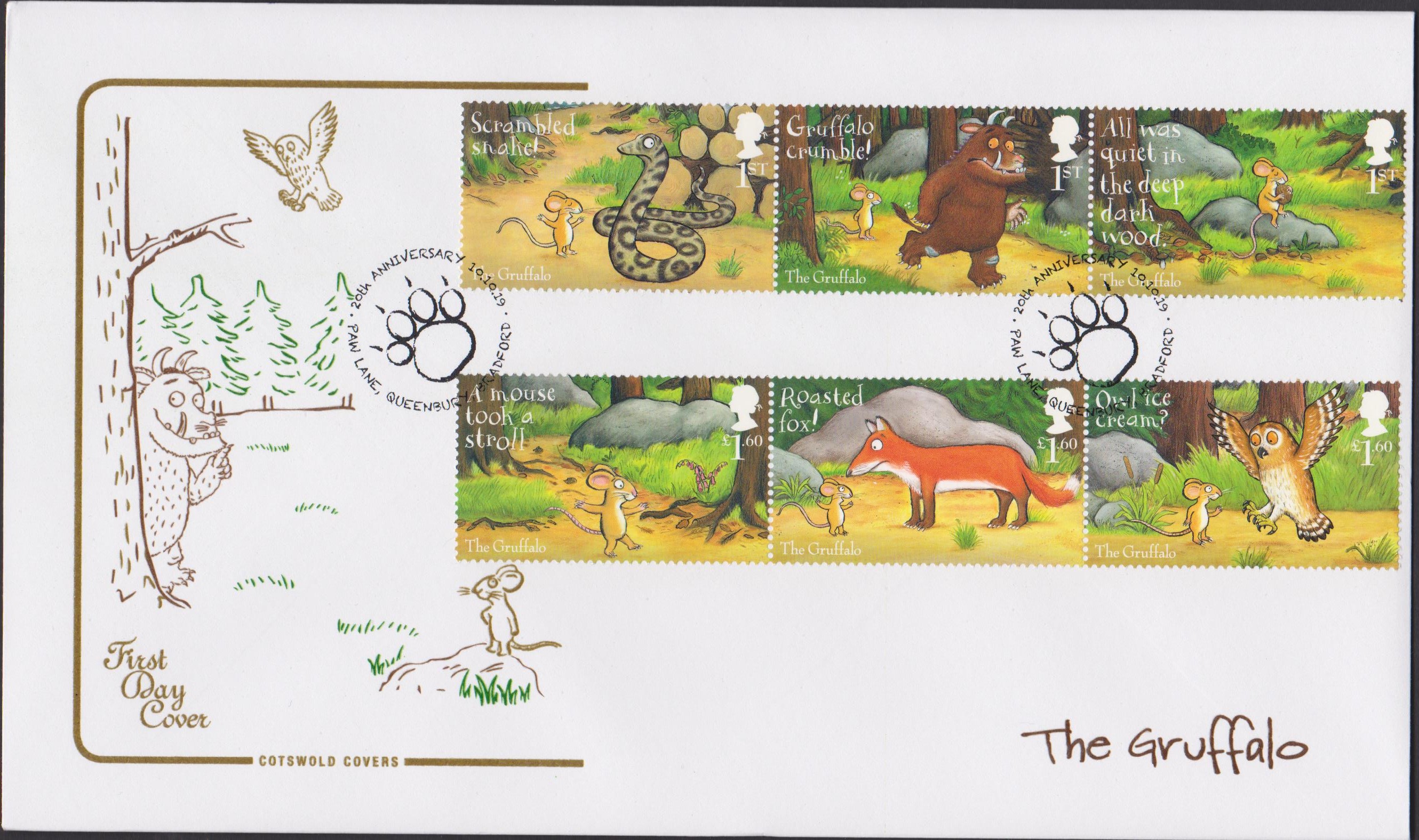 2019 FDC -Gruffalo Set FDC Paw Lane, Queenbury,Bradford Postmark