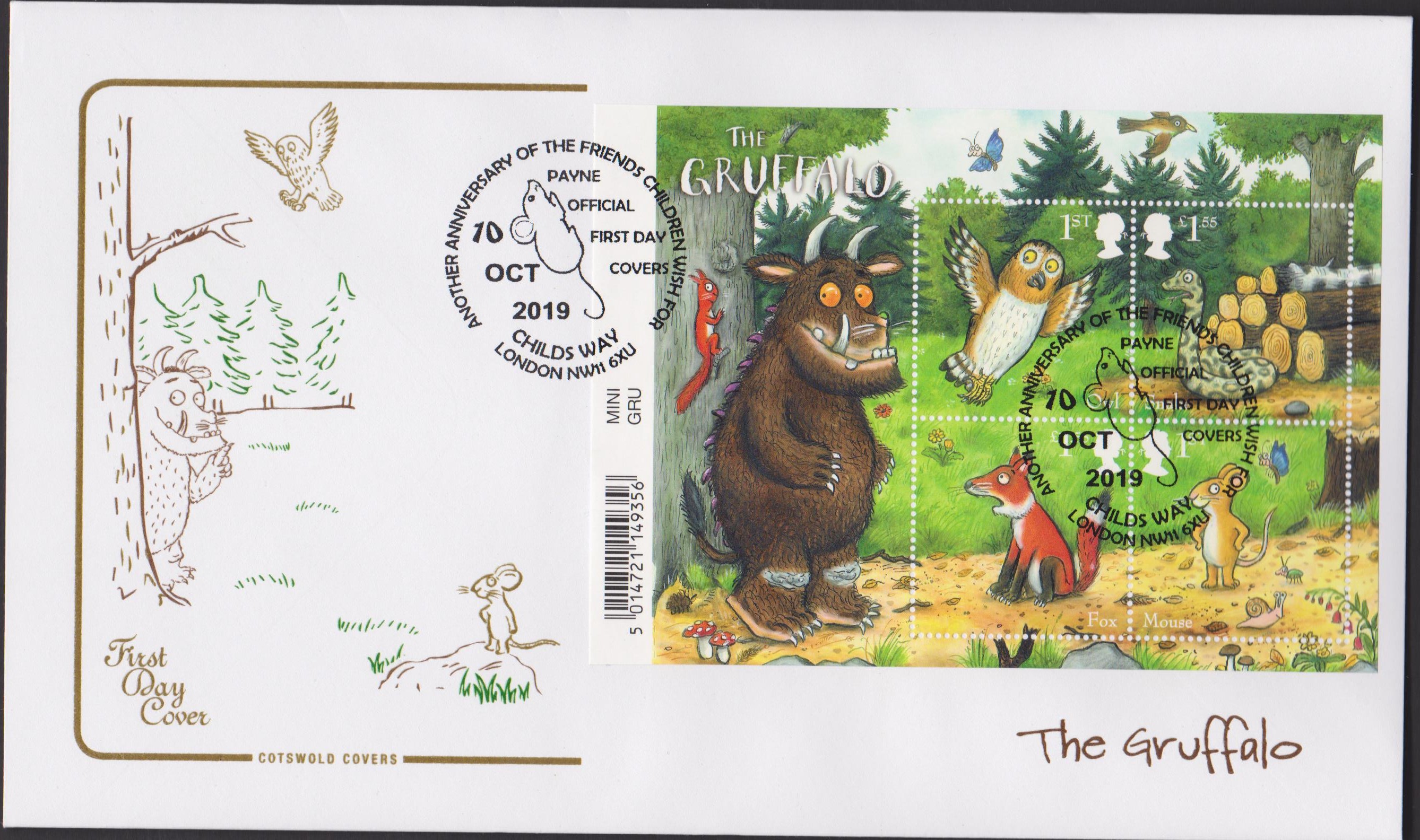 2019 FDC -Gruffalo Mini Sheet FDC Childs Way, London NW11 6XU Postmark