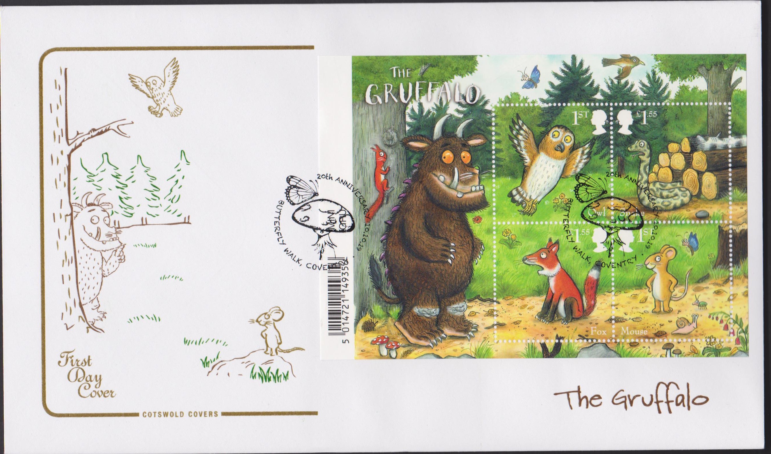 2019 FDC -Gruffalo Mini Sheet FDC Butterfly Walk, Coventry Postmark