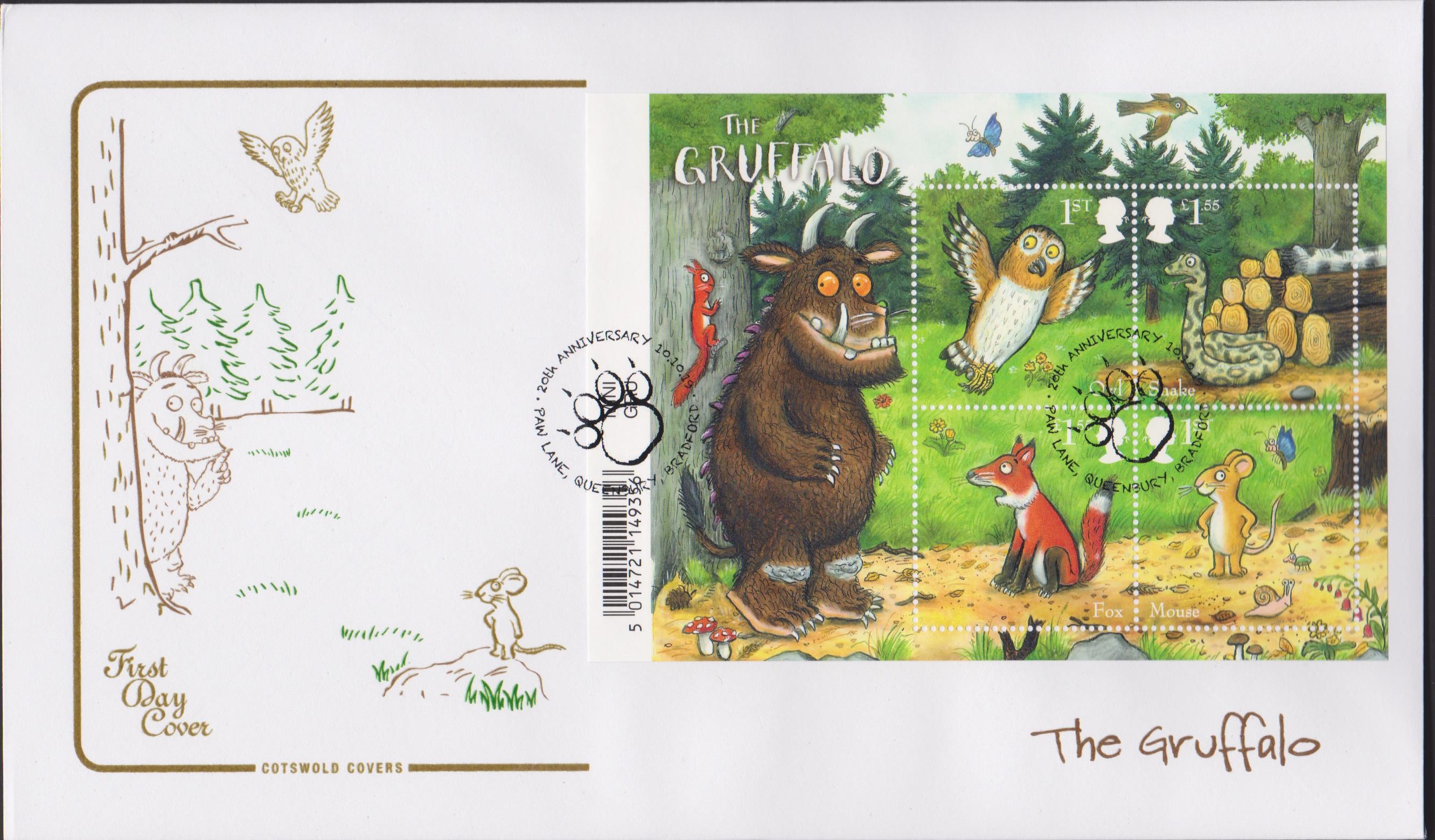 2019 FDC -Gruffalo Mini Sheet FDC Paw Lane, Queensbury, Bradford Postmark