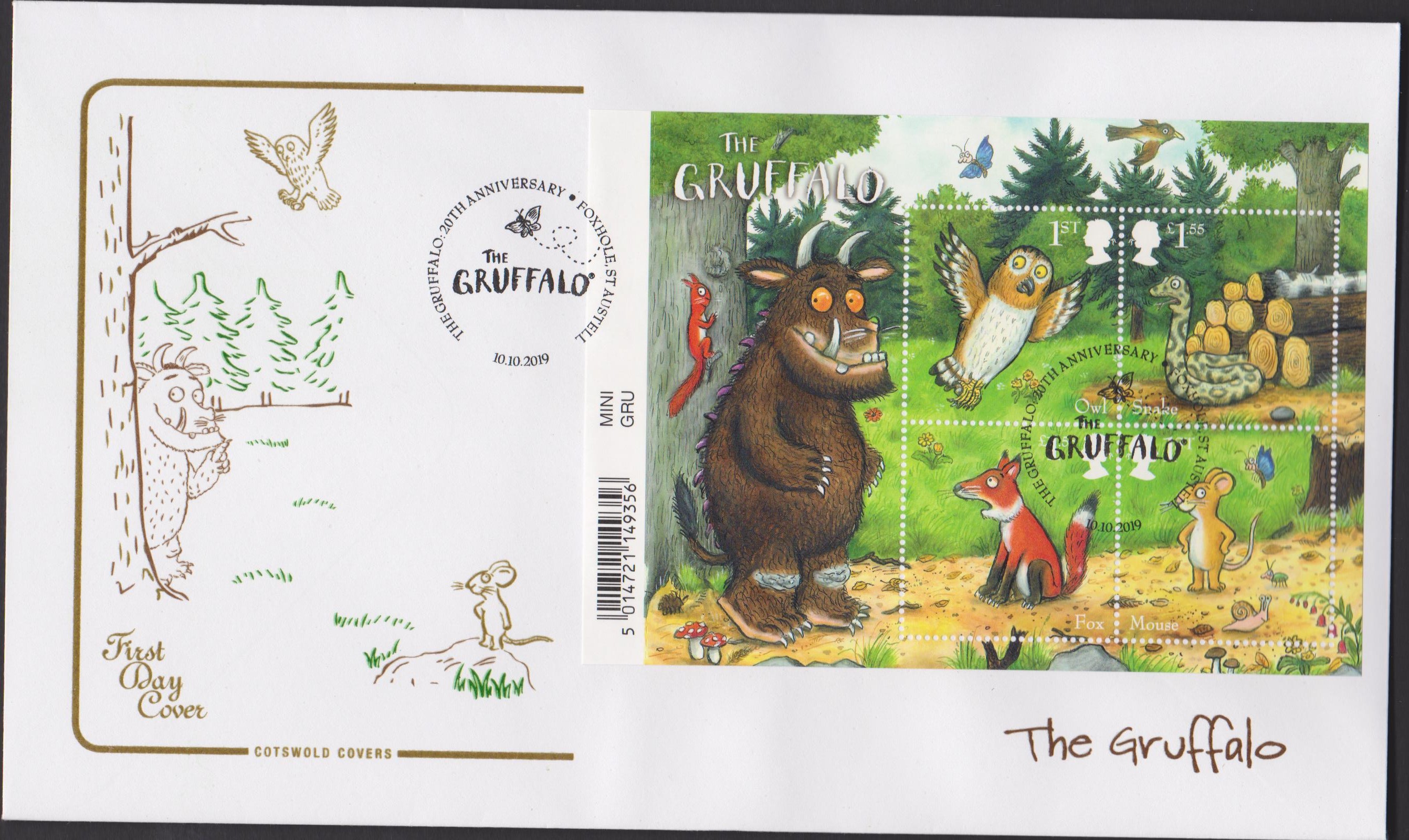 2019 FDC -Gruffalo Mini Sheet FDC Foxhole, St Austell Postmark