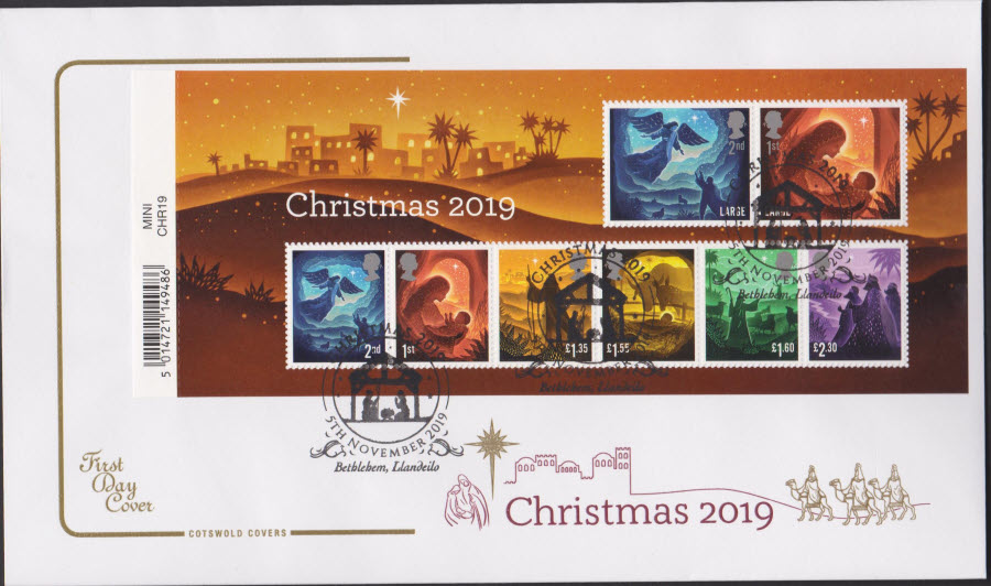 2019 FDC - Cotswold Christmas Mini Sheet Set FDC Bethlehem, Llandeilo Postmark - Click Image to Close