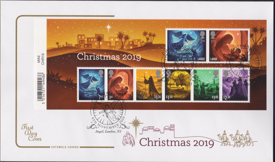 2019 FDC - Cotswold Christmas Mini Sheet Set FDC Angel,London N1 Postmark - Click Image to Close