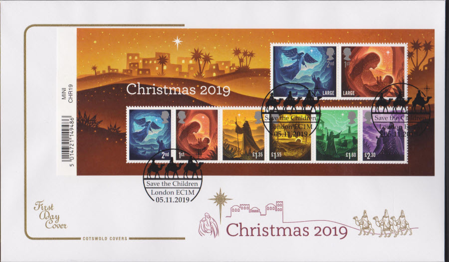 2019 FDC - Cotswold Christmas Mini Sheet Set FDC Save the Children London EC1M Postmark - Click Image to Close