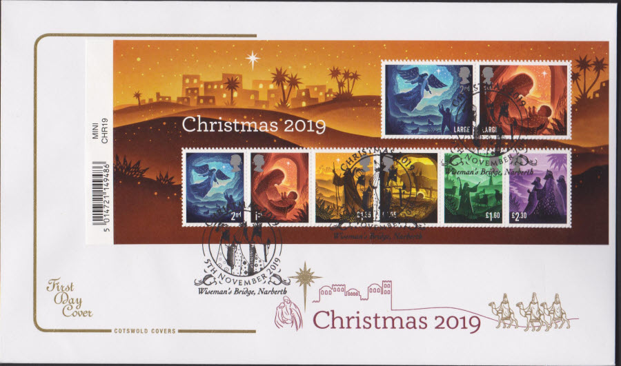 2019 FDC - Cotswold Christmas Mini Sheet Set FDC Wiseman's Bridge, Narbeth Postmark