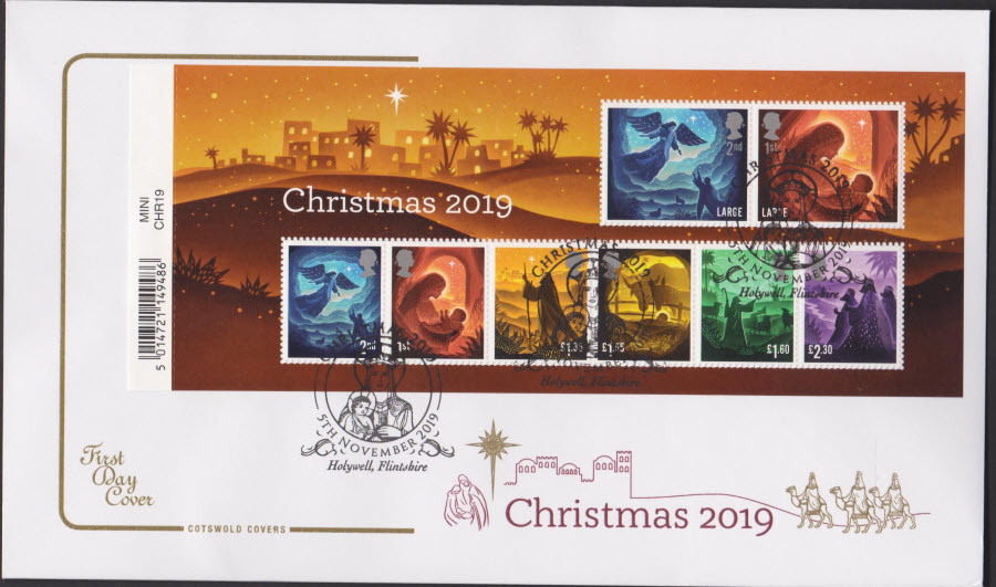 2019 FDC - Cotswold Christmas Mini Sheet Set FDC Holywell,Flintshire Postmark - Click Image to Close
