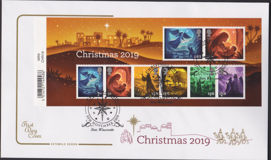 2019 FDC - Cotswold Christmas Mini Sheet Set FDC Star,Winscombe Postmark