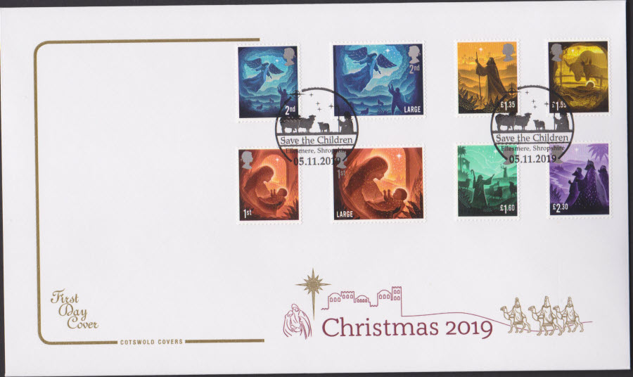 2019 FDC -Cotswold Christmas Set FDC Save the Children Ellesmere Postmark