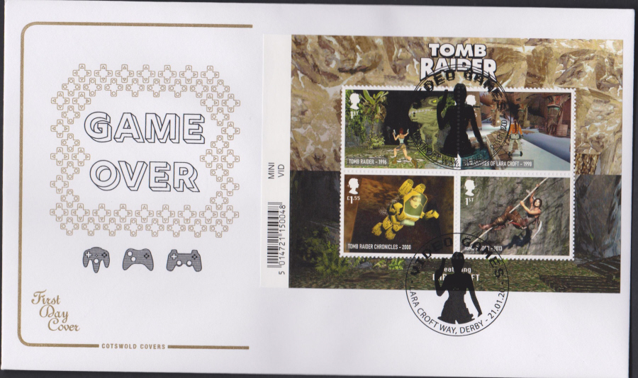 2020 Cotswold FDC - Video Games Mini Sheet- Lara Croft Way,Derby Round Postmark