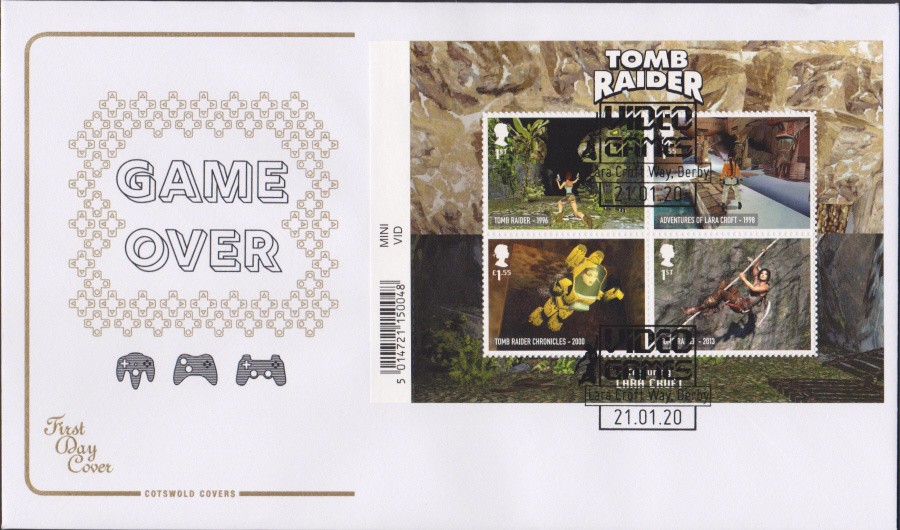 2020 Cotswold FDC - Video Games Mini Sheet- Lara Croft Way,Derby Square Postmark