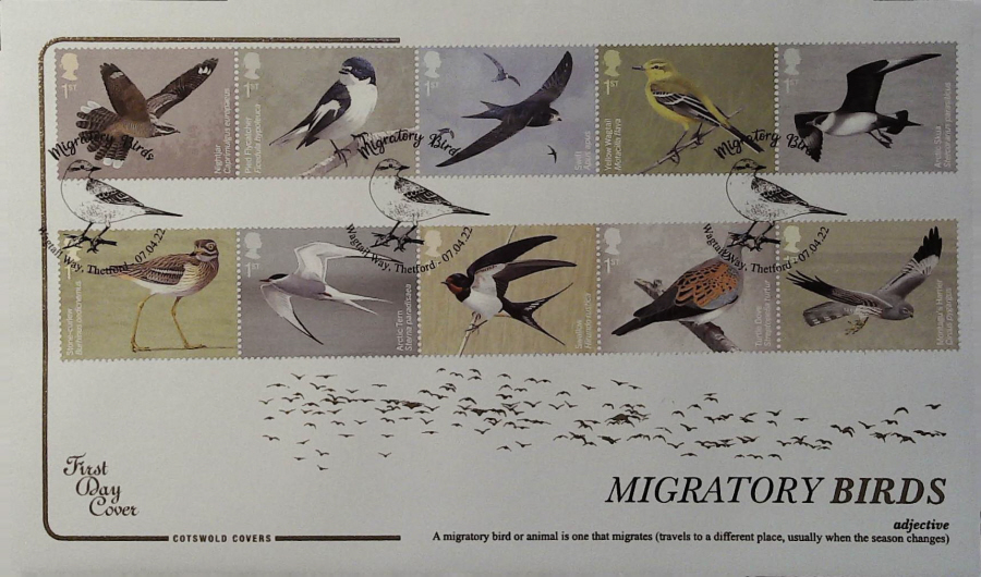 2022 Migratory Birds COTSWOLD FDC - Wagtail Way, Thetford Postmark