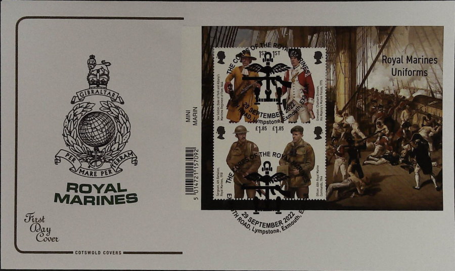 2022 ROYAL MARINES MINI SHEET COTSWOLD FDC - Exmouth Road,Lympstone Postmark