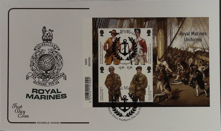 2022 ROYAL MARINES MINI SHEET COTSWOLD FDC -Marine Drive, Southport Postmark