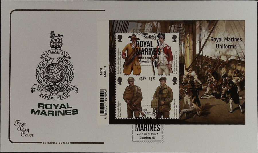 2022 ROYAL MARINES MINI SHEET COTSWOLD FDC - Royal Marines, London N1 Postmark