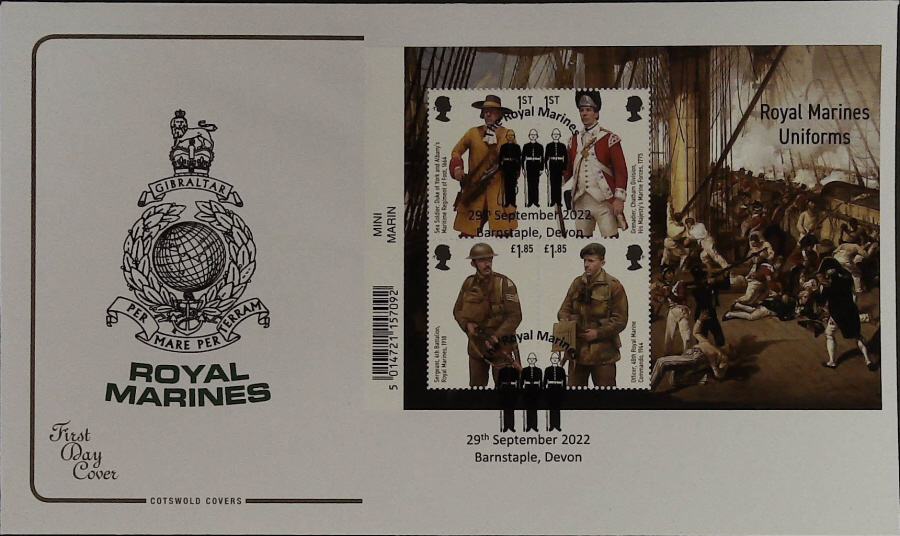 2022 ROYAL MARINES MINI SHEET COTSWOLD FDC - Barnstaple, Devon Postmark