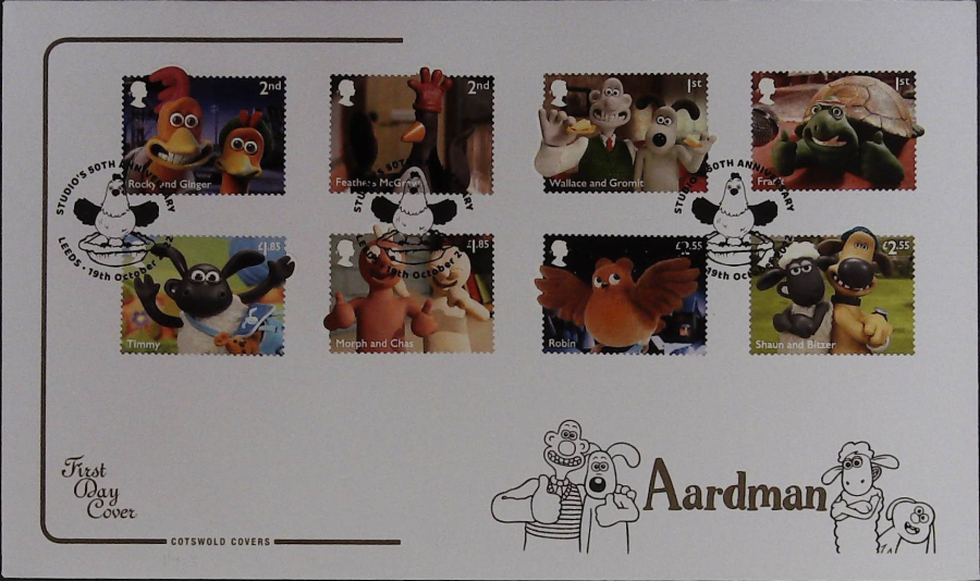 2022 Aardman Set SET COTSWOLD FDC -Leeds Studios 50th Anniversary Postmark