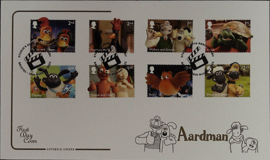 2022 Aardman Set SET COTSWOLD FDC -Bristol Studios 50th Anniversary Postmark