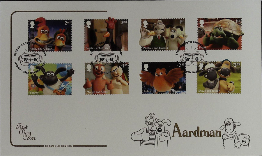 2022 Aardman Set SET COTSWOLD FDC -Studio's 50th Anniv Wigan Postmark