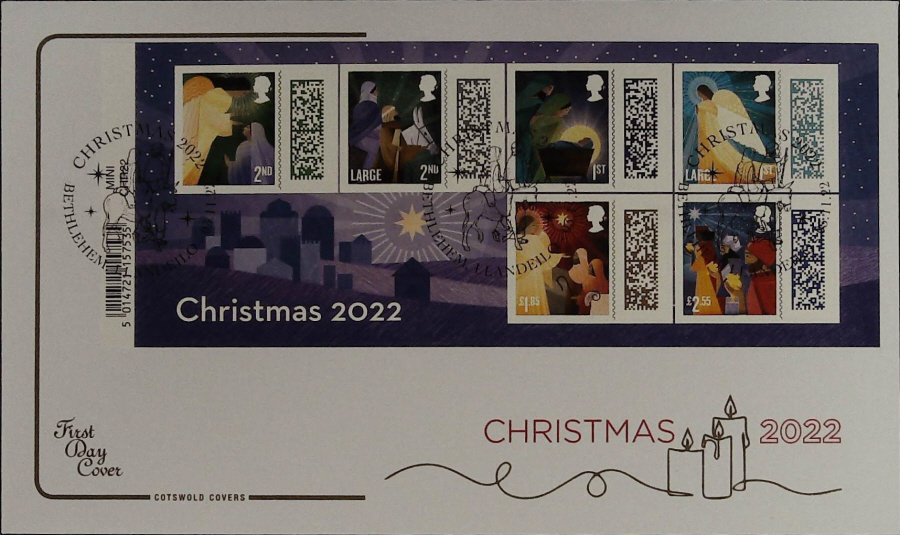 2022 CHRISTMAS MINI SHEET COTSWOLD FDC - Bethlehem, Llandeilo Carms on Donkey Postmark