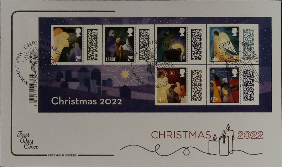 2022 CHRISTMAS MINI SHEET COTSWOLD FDC - ANGEL, LONDON Postmark