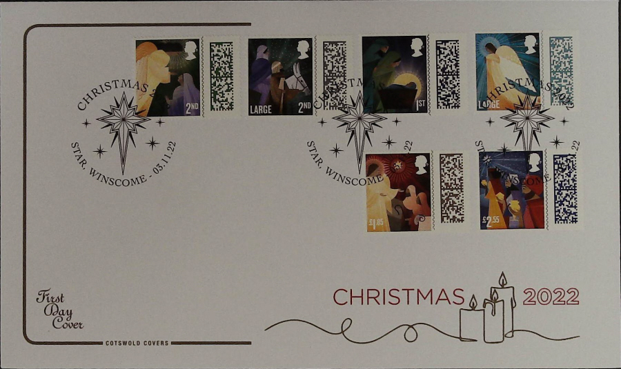 2022 CHRISTMAS SET. COTSWOLD FDC - STAR WINDSCOMBE Postmark