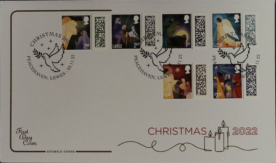 2022 CHRISTMAS SET. COTSWOLD FDC - PEACEHAVEN, LEWES Postmark - Click Image to Close