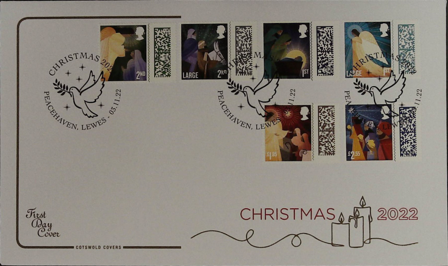 2022 CHRISTMAS SET. COTSWOLD FDC - PEACEHAVEN, LEWES Postmark