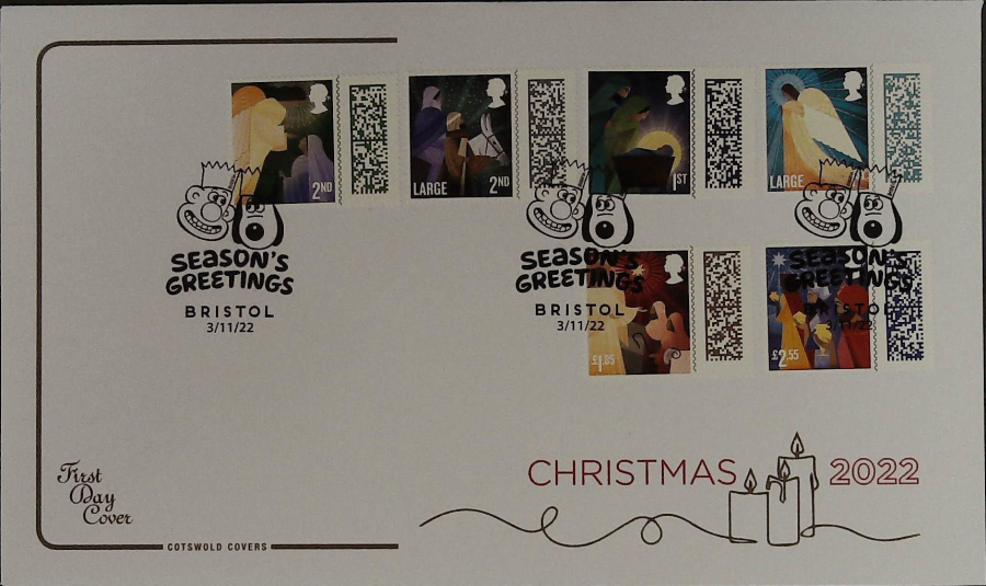 2022 CHRISTMAS SET. COTSWOLD FDC - Postmark SEASONS GREETINGS, BRISTOL - Click Image to Close
