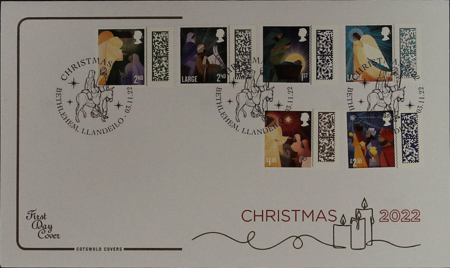 2022 CHRISTMAS SET. COTSWOLD FDC - Bethlehem, Llandeilo Carms on Donkey Postmark