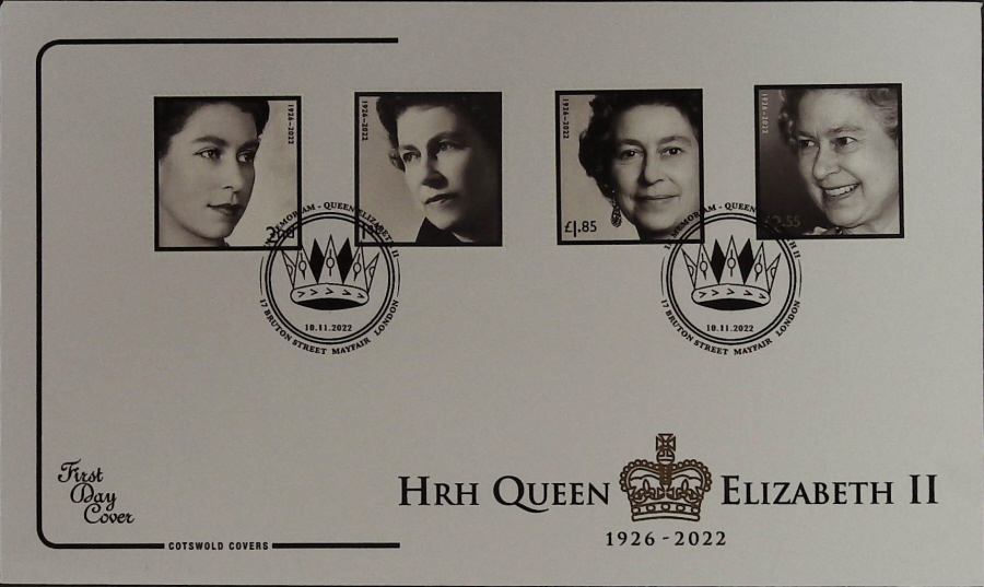 2022 HM QUEEN ELIZABETH 11 IN MEMORIAM COTSWOLD FDC -17 Bruton Street, Mayfair, London Postmark