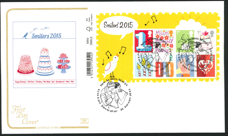 2015 - Smilers Miniature Sheet First Day Cover Cotswold , Love Lane Birmingham Postmark