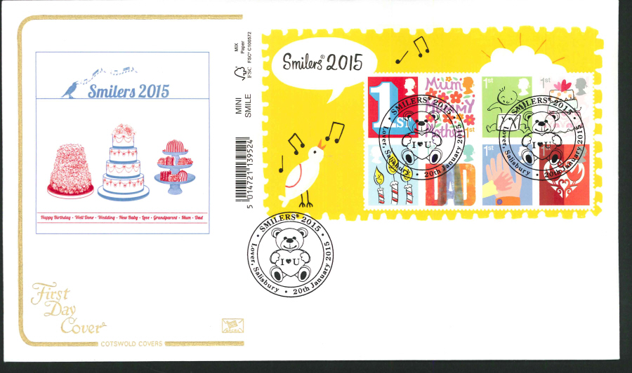 2015 - Smilers Miniature Sheet First Day Cover Cotswold , Lover Salisbury Postmark
