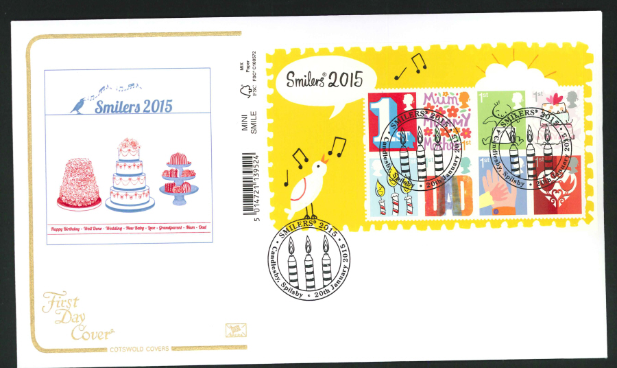 2015 - Smilers Miniature Sheet First Day Cover Cotswold ,Candlesby, Postmark