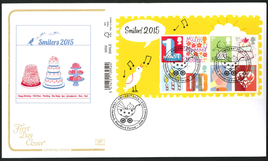 2015 - Smilers Miniature Sheet First Day Cover Cotswold , Child Okeford Postmark