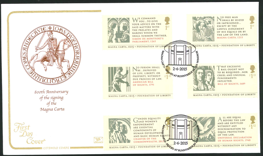 2015 Magna Carta First Day Cover,Cotswold,Sealed at Runnymead Postmark