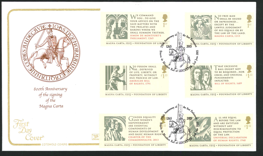 2015 Magna Carta First Day Cover,Cotswold, Simon de Montford Leicester Postmark