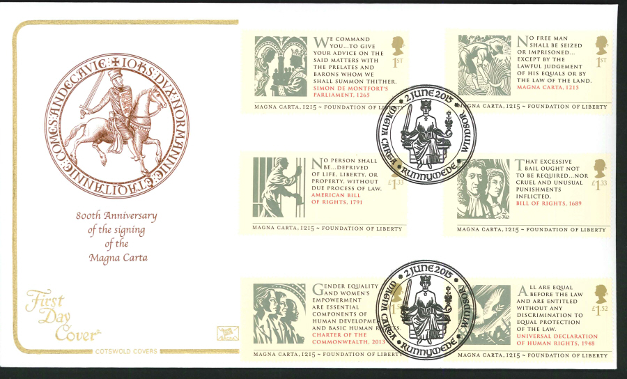 2015 Magna Carta First Day Cover,Cotswold, Runnymead Windsor Postmark