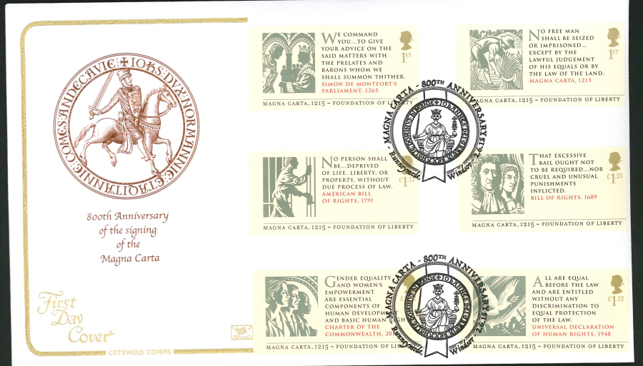 2015 Magna Carta First Day Cover,Cotswold,800th Anniv Runnymead Different Postmark