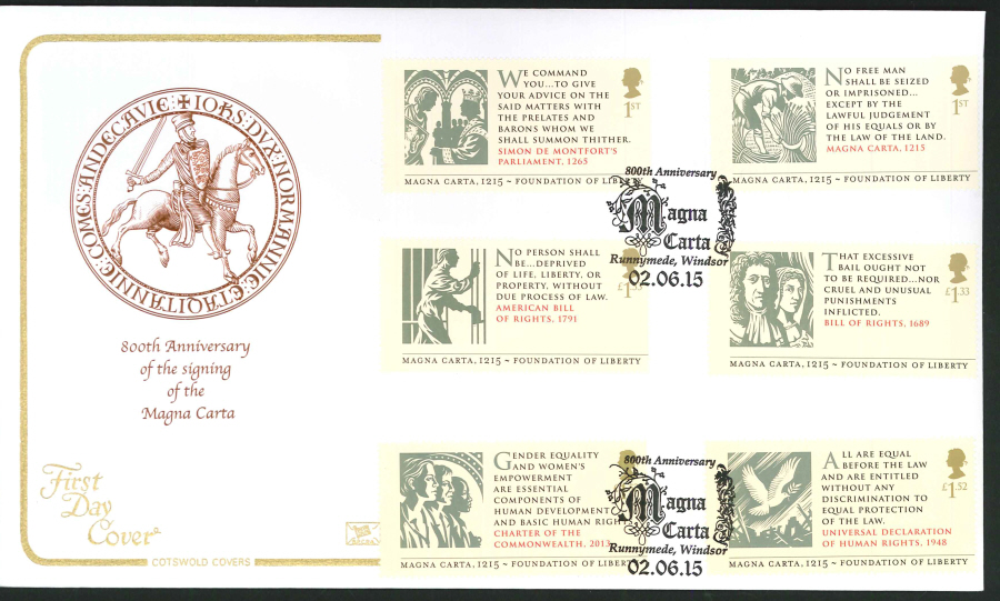 2015 Magna Carta First Day Cover,Cotswold,800th Anniv Runnymead Postmark