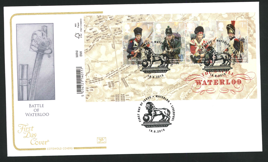 2015 - Waterloo Mini Sheet First Day Cover, Cotswold, FDI Liverpool Postmark