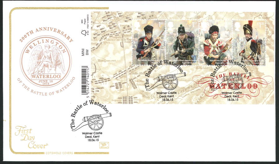 2015 - Waterloo Mini Sheet First Day Cover, Cotswold, Walmer Castle Postmark