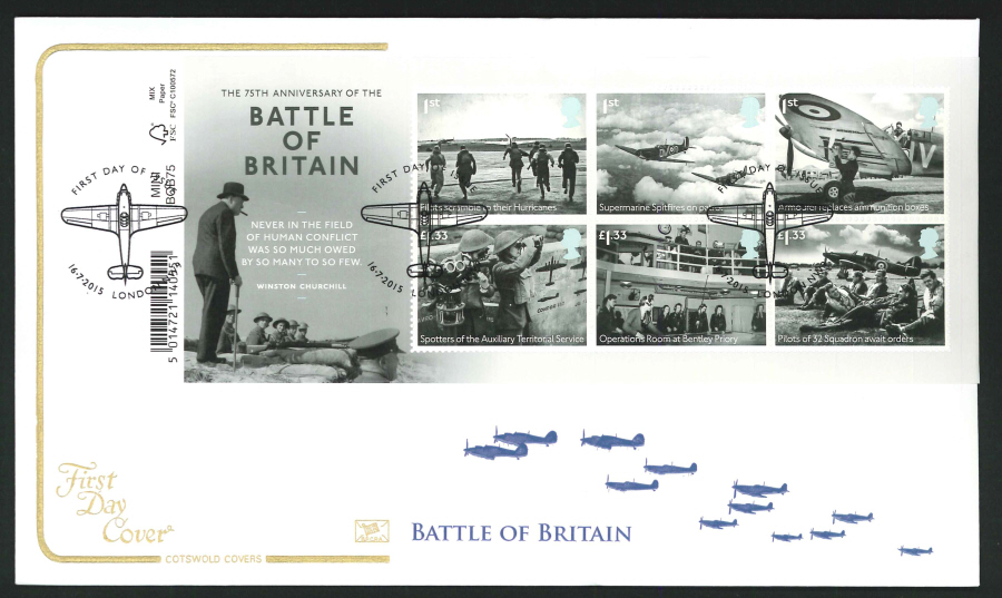 2015 - Battle of Britain Mini Sheet First Day Cover, Cotswold, FDI London NW9 Postmark