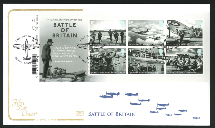 2015 - Battle of Britain Mini Sheet First Day Cover, Cotswold, FDI London NW9 Postmark - Click Image to Close