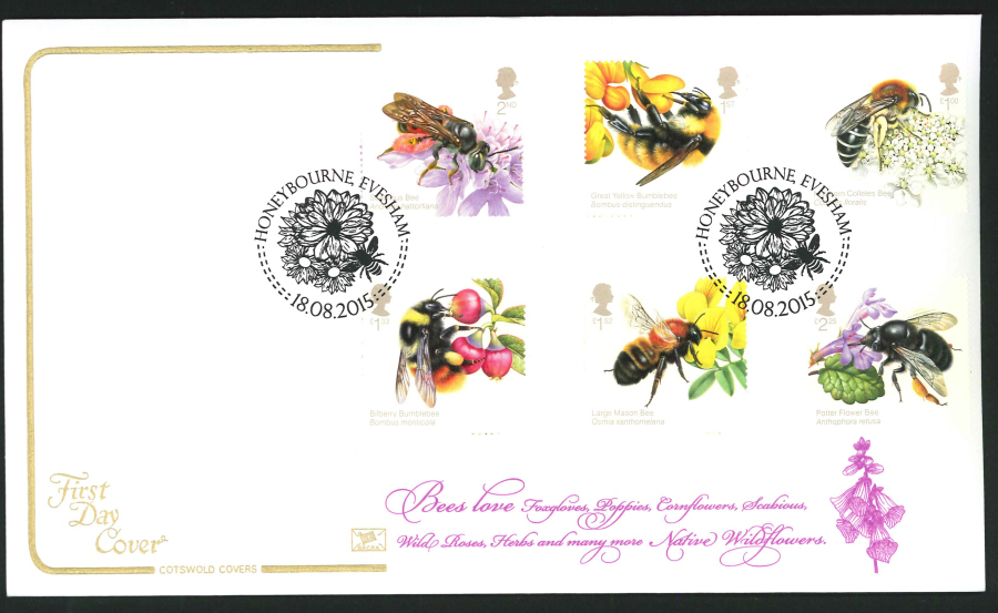 2015 Bees Set First Day Cover,Cotswold, British Bees / Honeybourne Evesham Postmark - Click Image to Close