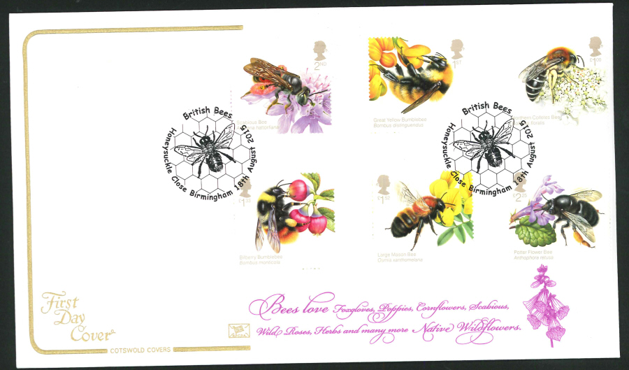 2015 Bees Set First Day Cover,Cotswold, British Bees / Honeysuckle Close Birmingham Postmark