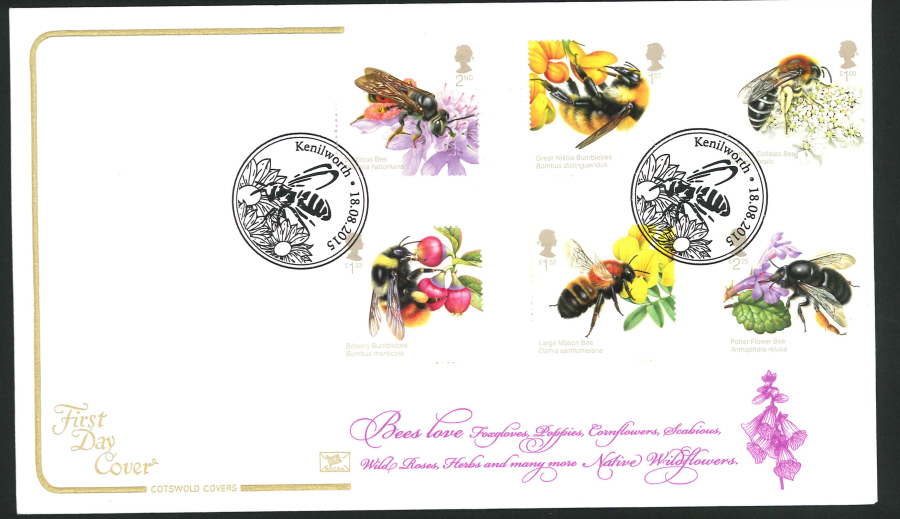 2015 Bees Set First Day Cover,Cotswold, British Bees Kenilworth Postmark